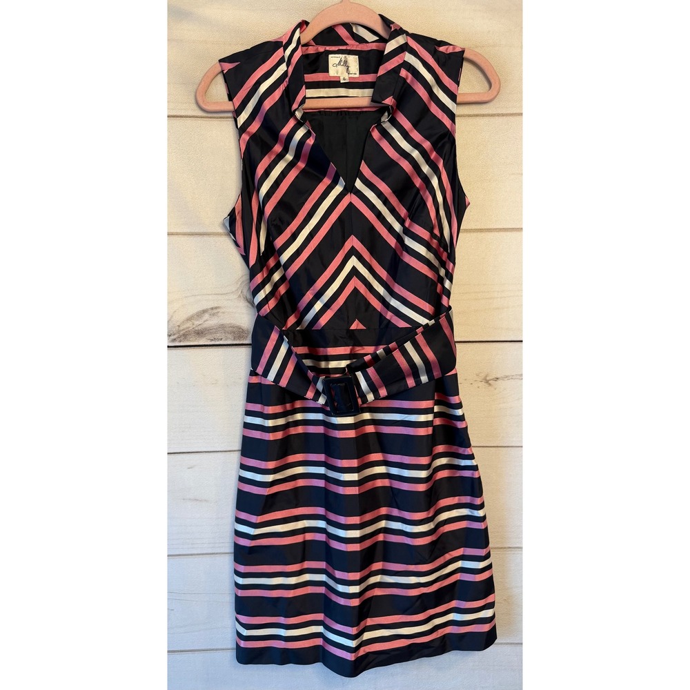 Milly of New York Navy Pink White Striped Belted Sleeveless V-Neck Dress Size 6
